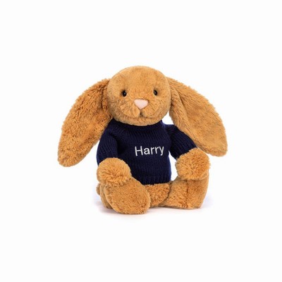 Jellycat Bashful Golden Conejo with Navy Jumper | SEQF-29481